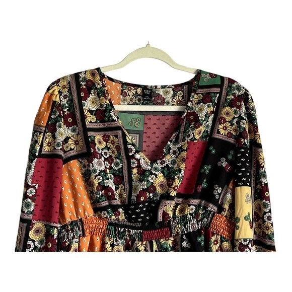 Shein Curve Womens Boho Floral Patchwork Print V-Neck Smocking Blouse 2XL - Picture 2 of 7